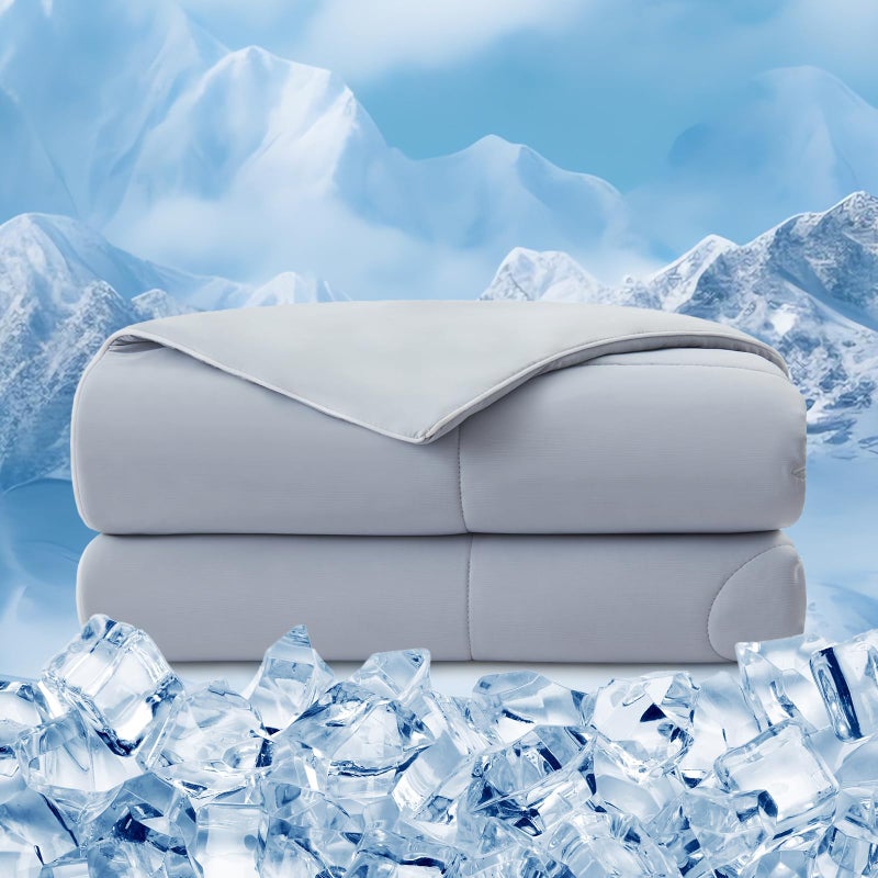 EMME Cooling Comforter Queen Size, Double Sided Cold 90% Nylon Fabric, Q-Max>0.5 Breathable Summer Quilt for Hot Sleepers, Lightweight Grey 90x90
