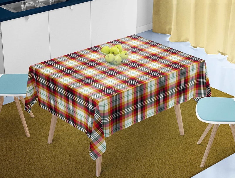 HOME COLORS.IN HOME COLORSIN Mammoth Plaid 4 Seater Square Table Cover 100 Cotton Yarn Dyed Hand Woven Machine Washable Durable Dining Table Cloth 60 x 60 Inch Red and Yellow - Image 1