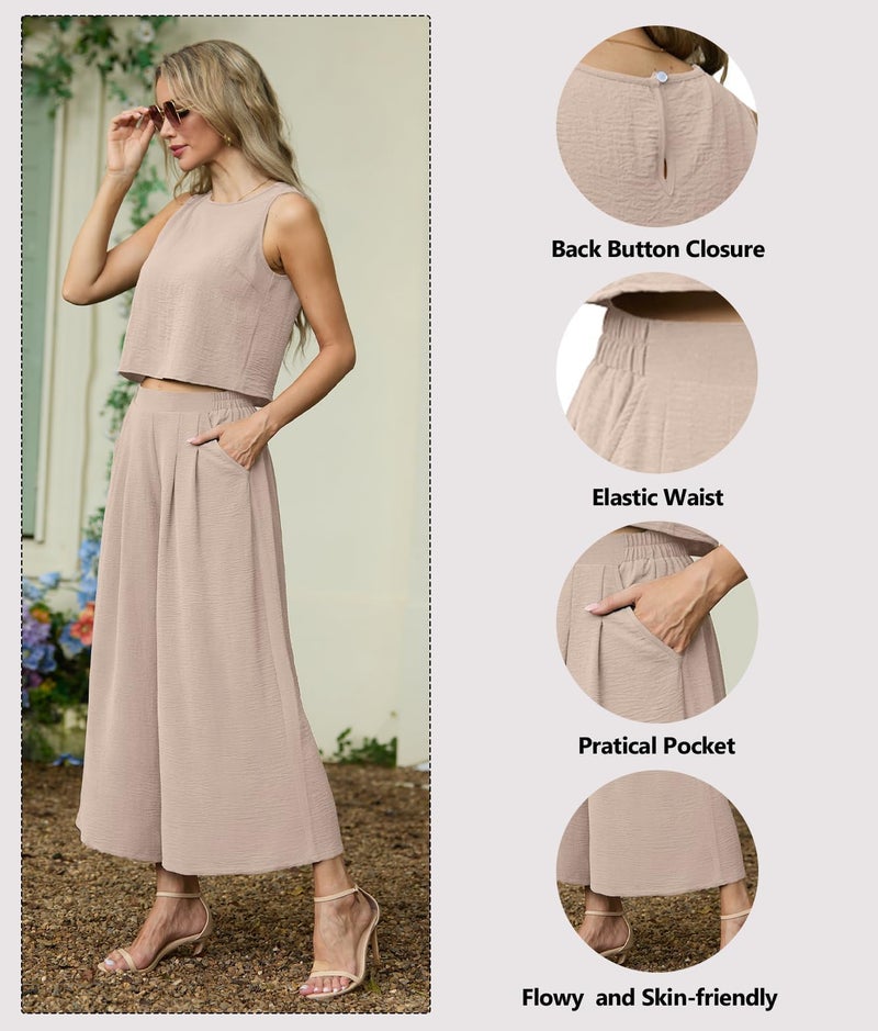 Lepunuo Women's Summer Casual Two Piece Outfits Set Crew Neck Sleeveless Crop Top Wide Leg Pants Set Pockets Vacation Outfit - Image 1