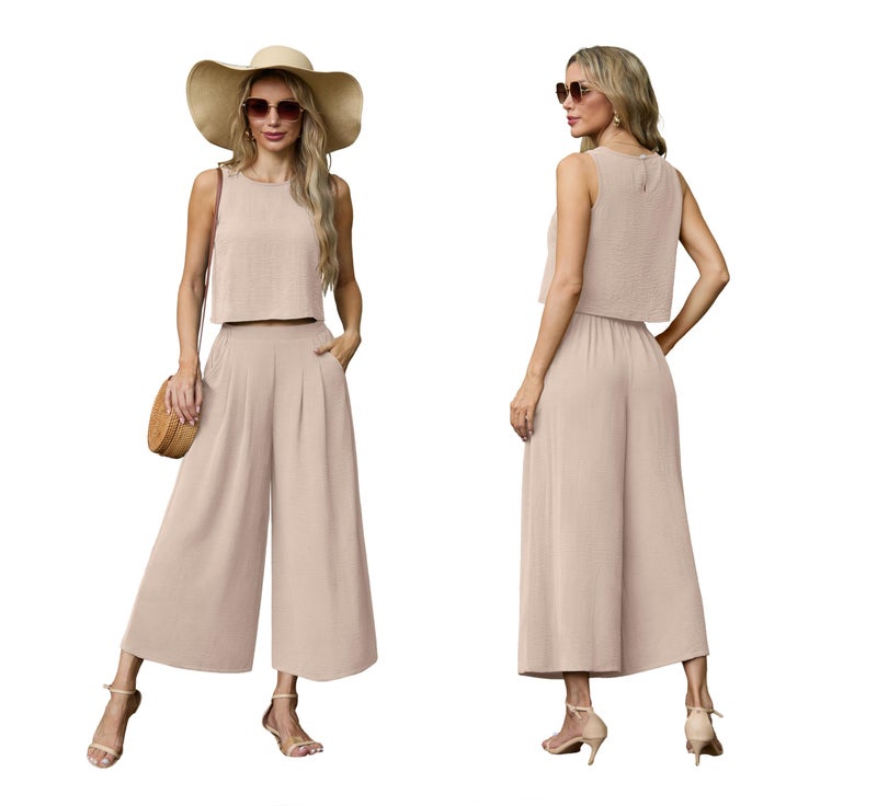 Lepunuo Women's Summer Casual Two Piece Outfits Set Crew Neck Sleeveless Crop Top Wide Leg Pants Set Pockets Vacation Outfit - Image 4