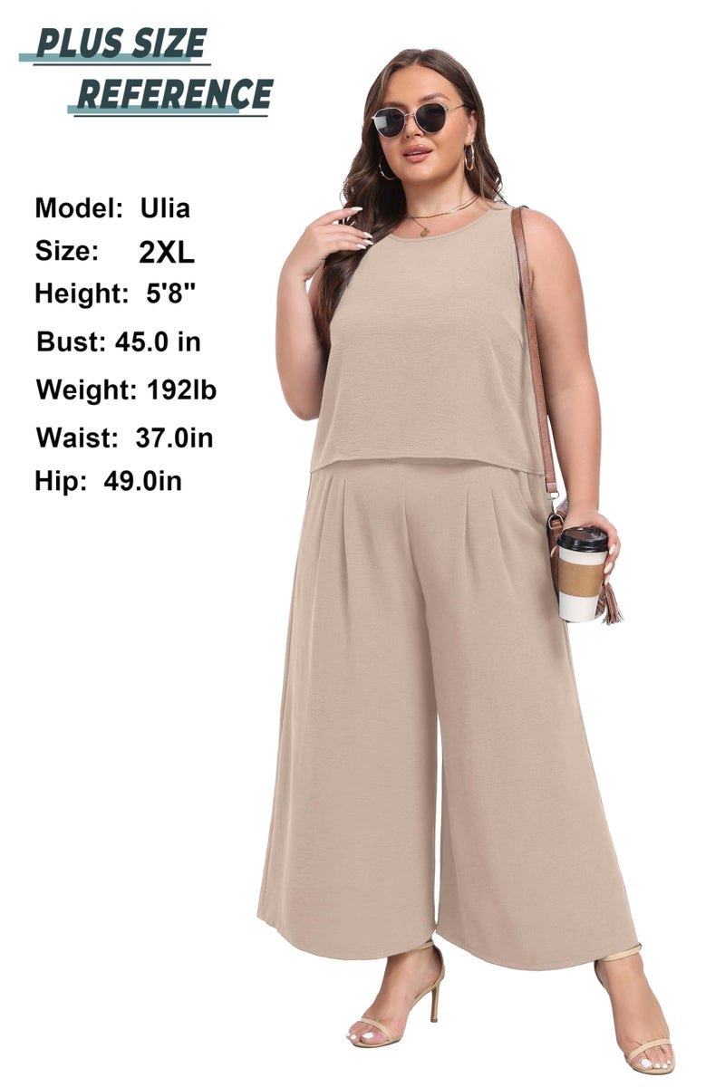Lepunuo Women's Summer Casual Two Piece Outfits Set Crew Neck Sleeveless Crop Top Wide Leg Pants Set Pockets Vacation Outfit - Image 2