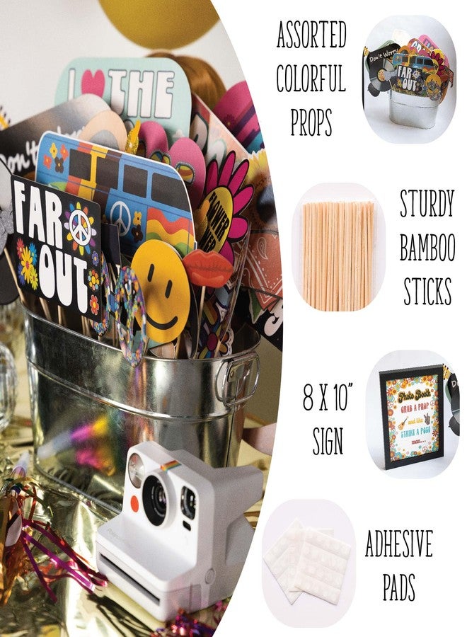 Outside The Booth 60s Photo Booth Props - 41-pc Photo Booth Kit with 8 x 10-Inch Sign, 60 Adhesive Pads, 45 Sticks - Hippie Photo Booth Props - 1960 Party Supplies - Props for Woodstock Party - Image 2