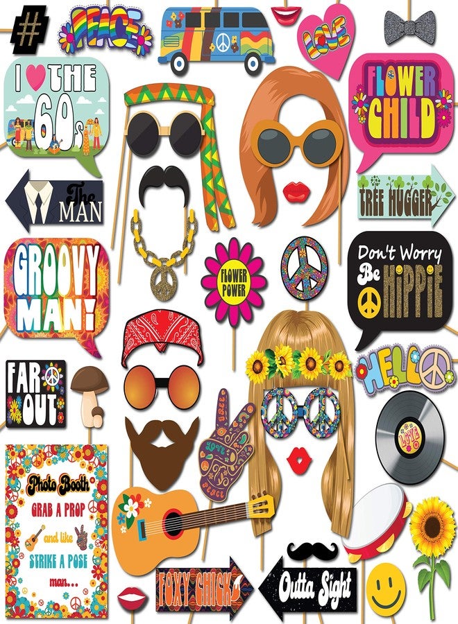 Outside The Booth 60s Photo Booth Props - 41-pc Photo Booth Kit with 8 x 10-Inch Sign, 60 Adhesive Pads, 45 Sticks - Hippie Photo Booth Props - 1960 Party Supplies - Props for Woodstock Party - Image 1