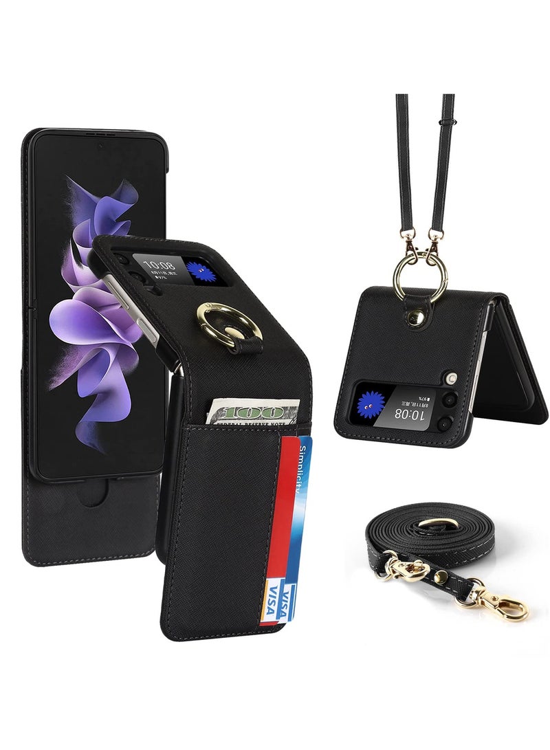 SYOSI Case for Galaxy Z Flip 3 5G, Compatible with Samsung Z Flip 3(2021) Leather Wallet Case, Adjustable Crossbody Lanyard Durable Card Slots Ultra Slim Luxury Cover for Samsung Galaxy Z Flip 3 (Black) - Image 1