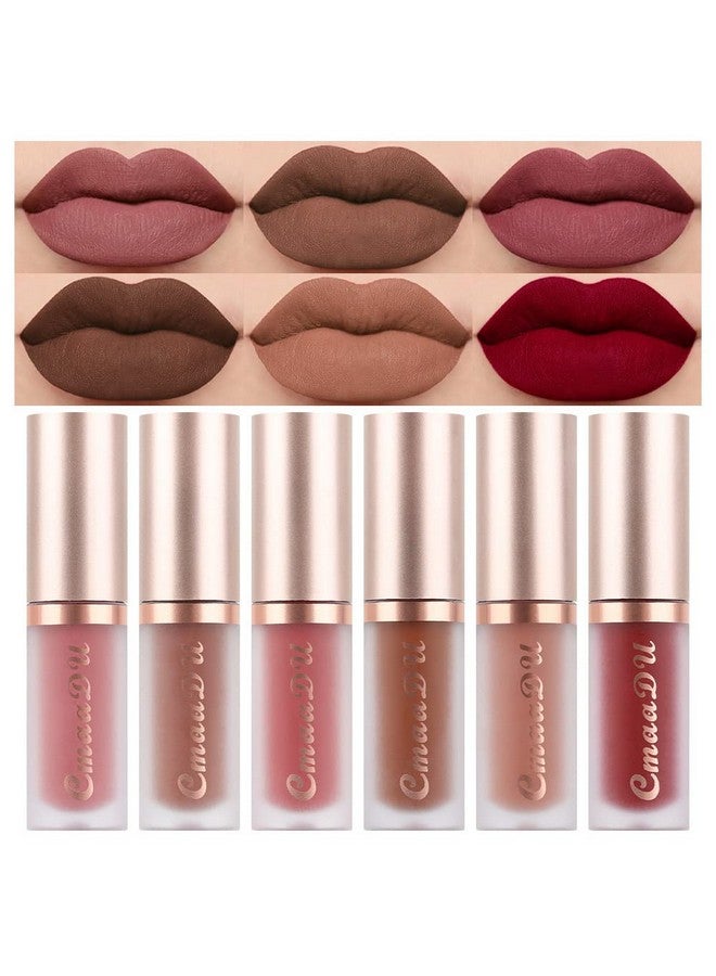 evpct 6Pcs Dark Light Nude Brown Matte Matt Liquid Lipstick Lip Gloss Glossy Set For Black Women, 24 Hour Brown Mauve Red Maroon Silky Velvet Lipstick Lip Liner Set Labiales Matte Larga Duracion 24 - Image 1