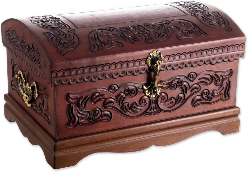 NOVICA Colonial Theme Mohena Wood and Tooled Leather Jewelry Box Colonial Legacy - Image 1