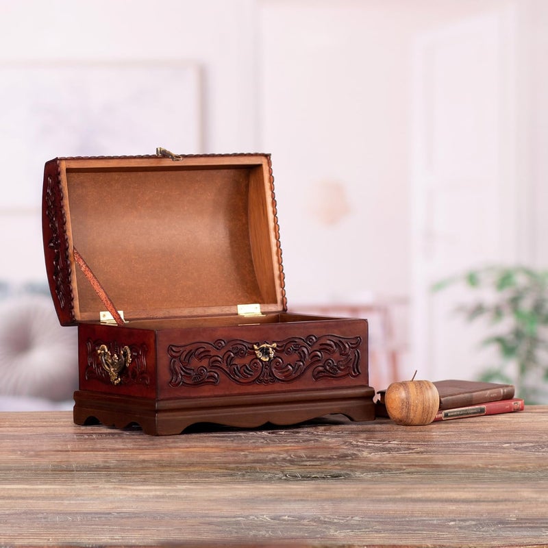 NOVICA Colonial Theme Mohena Wood and Tooled Leather Jewelry Box Colonial Legacy - Image 4