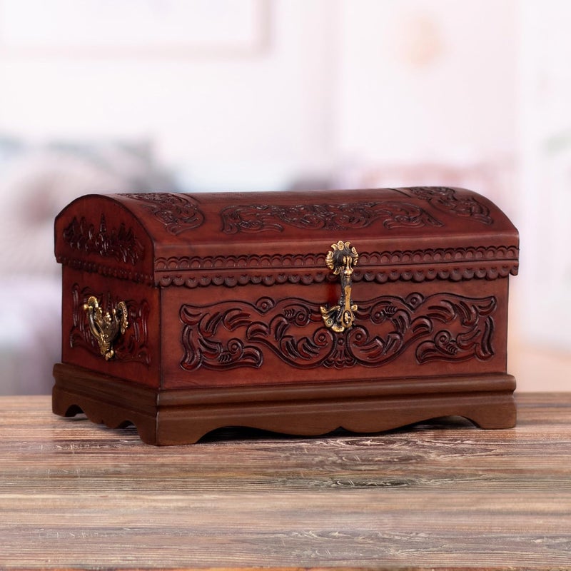 NOVICA Colonial Theme Mohena Wood and Tooled Leather Jewelry Box Colonial Legacy - Image 2