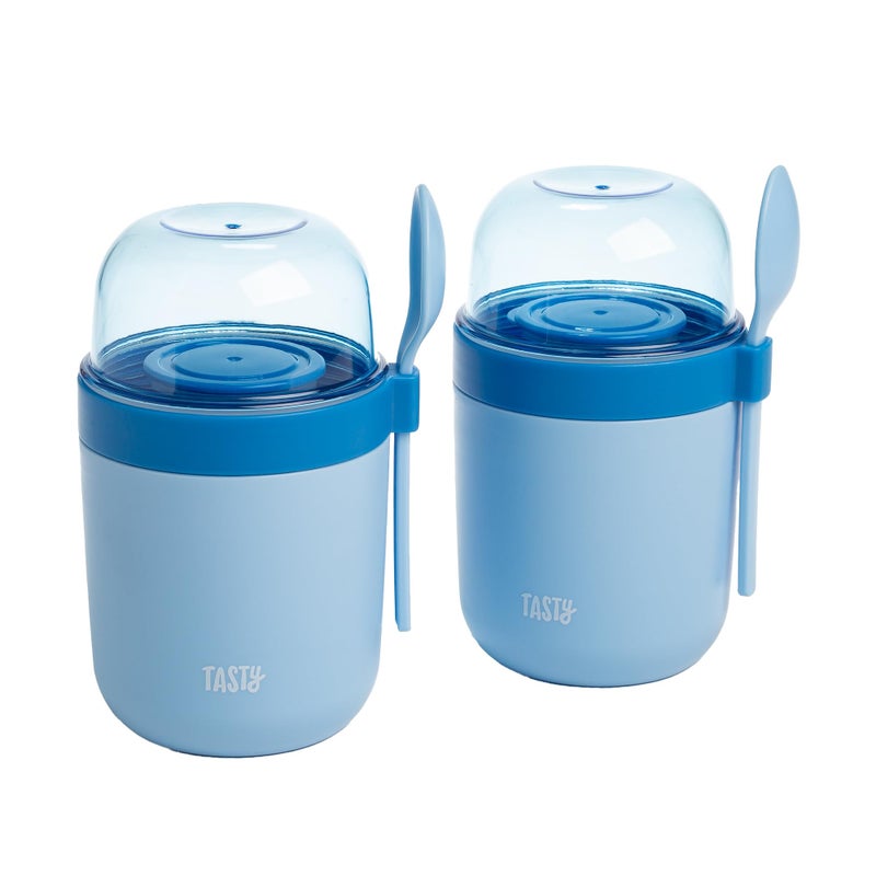 Tasty Travel Snack Cups with Spoons OnTheGo Snacking Divided Compartments Great for Nuts Cereal Granola Yogurt and More Made Without BPA 2Pack Blue