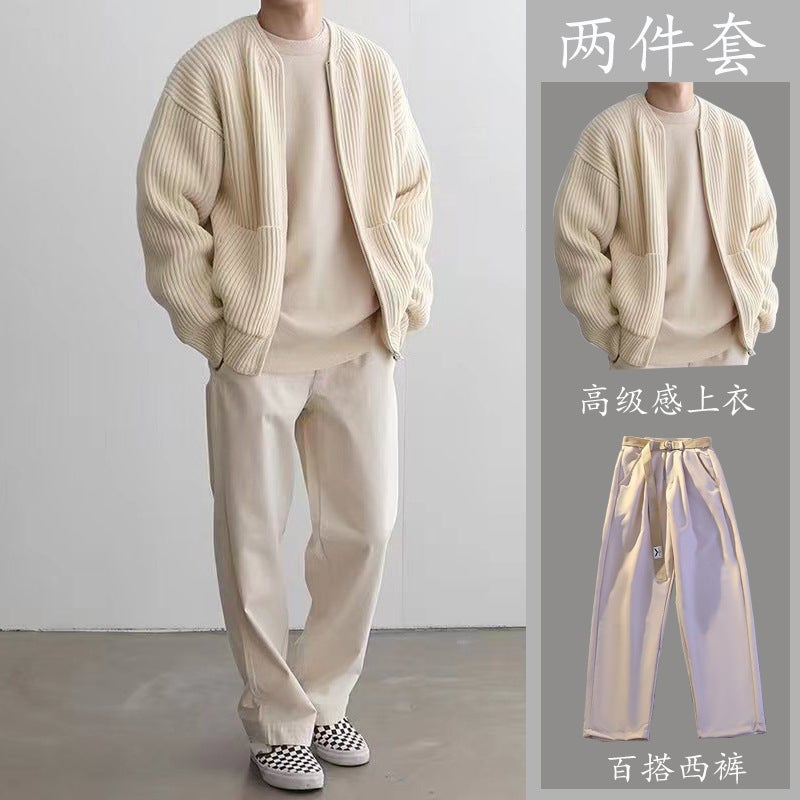 Mens Knit Zip-Up Cardigan  Casual Pants Set Off-white top + off-white trousers