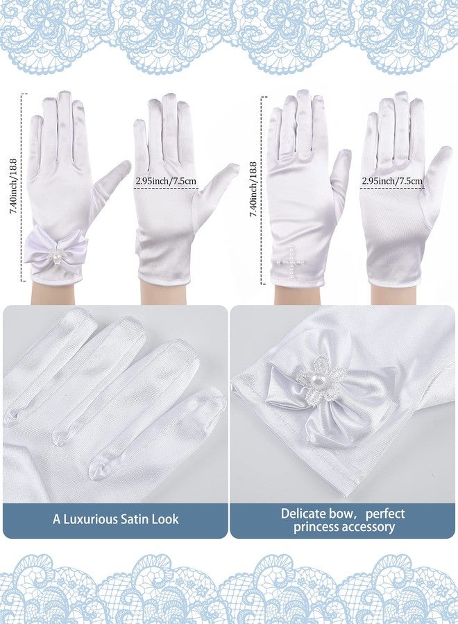 Heentan 4 Pairs Kids Lace Gloves White Tea Party Gloves for Little Girls Bow Short Princess Wedding Dress up Mitten for Party, White, Adorable Style - Image 3