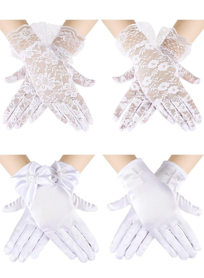 Heentan 4 Pairs Kids Lace Gloves White Tea Party Gloves for Little Girls Bow Short Princess Wedding Dress up Mitten for Party, White, Adorable Style - Image 1