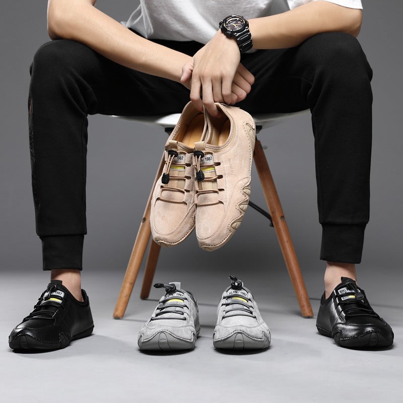 2022 spring new men's leather shoes Korean version breathable and comfortable set of feet men's shoes a pedal lazy driving peas shoes Beige 42 - Image 5
