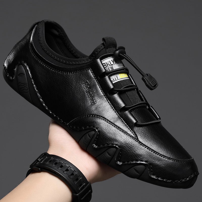 2022 spring new men's leather shoes Korean version breathable and comfortable set of feet men's shoes a pedal lazy driving peas shoes Beige 42 - Image 4
