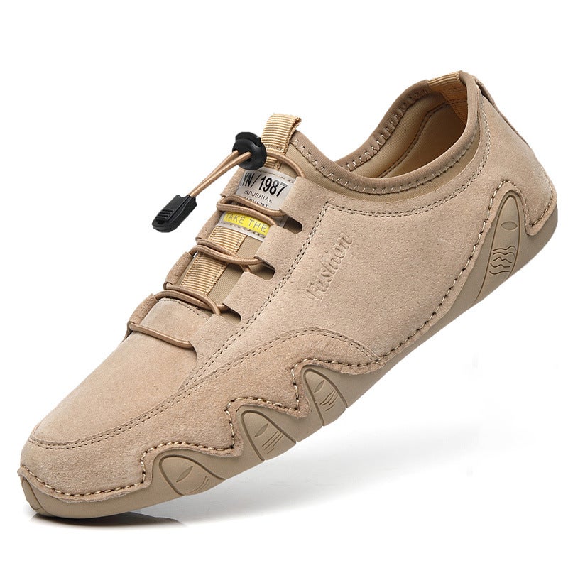 2022 spring new men's leather shoes Korean version breathable and comfortable set of feet men's shoes a pedal lazy driving peas shoes Beige 42 - Image 1
