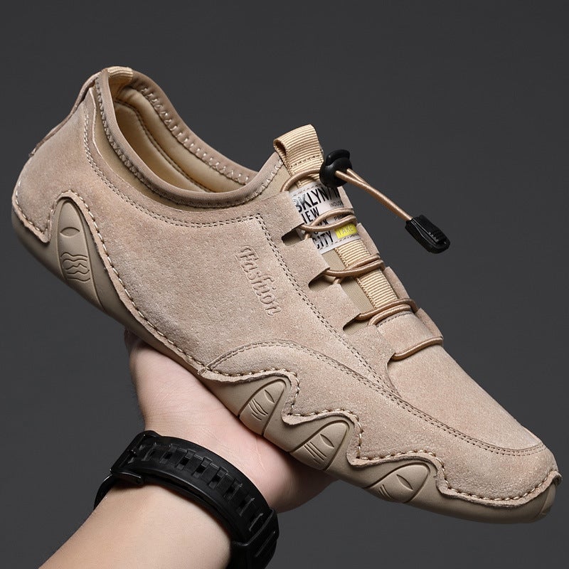 2022 spring new men's leather shoes Korean version breathable and comfortable set of feet men's shoes a pedal lazy driving peas shoes Beige 42 - Image 3
