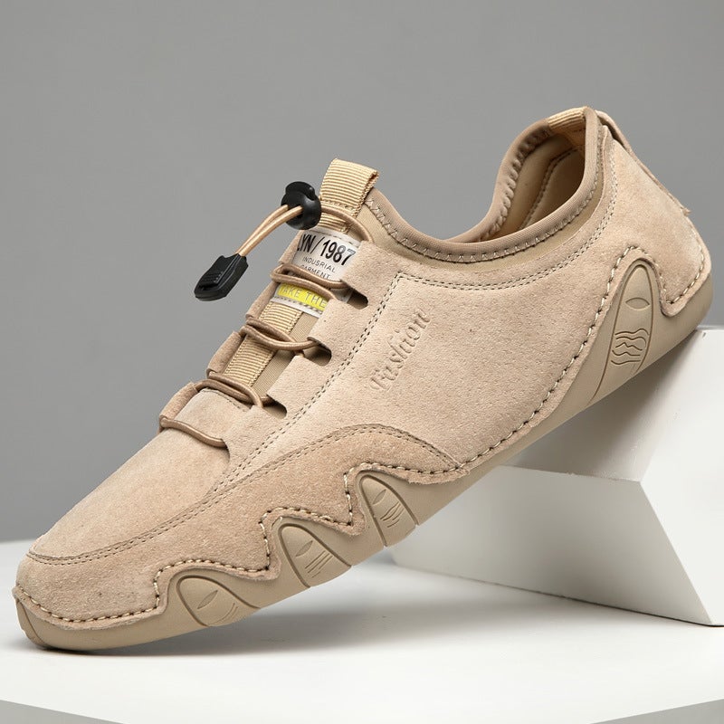 2022 spring new men's leather shoes Korean version breathable and comfortable set of feet men's shoes a pedal lazy driving peas shoes Beige 42 - Image 2