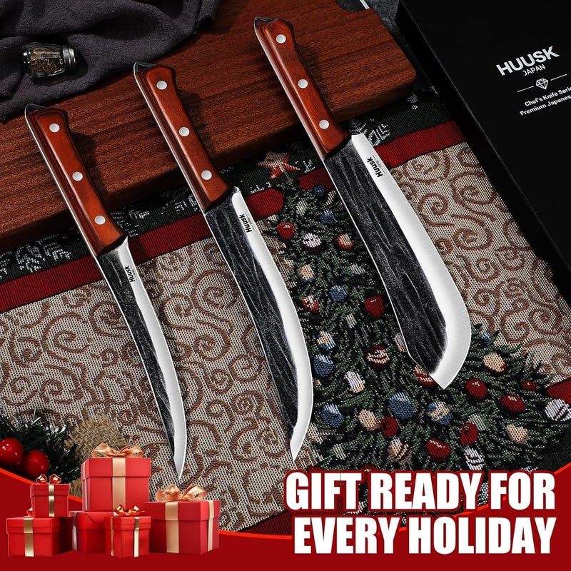 Huusk Butcher Knife Set for Meat Cutting, 3PCS Carving BBQ Brisket Knives, Hand-forged Kitchen Knive Set with Ergonomic Handle, Christmas Gifts for Men Women - Image 2