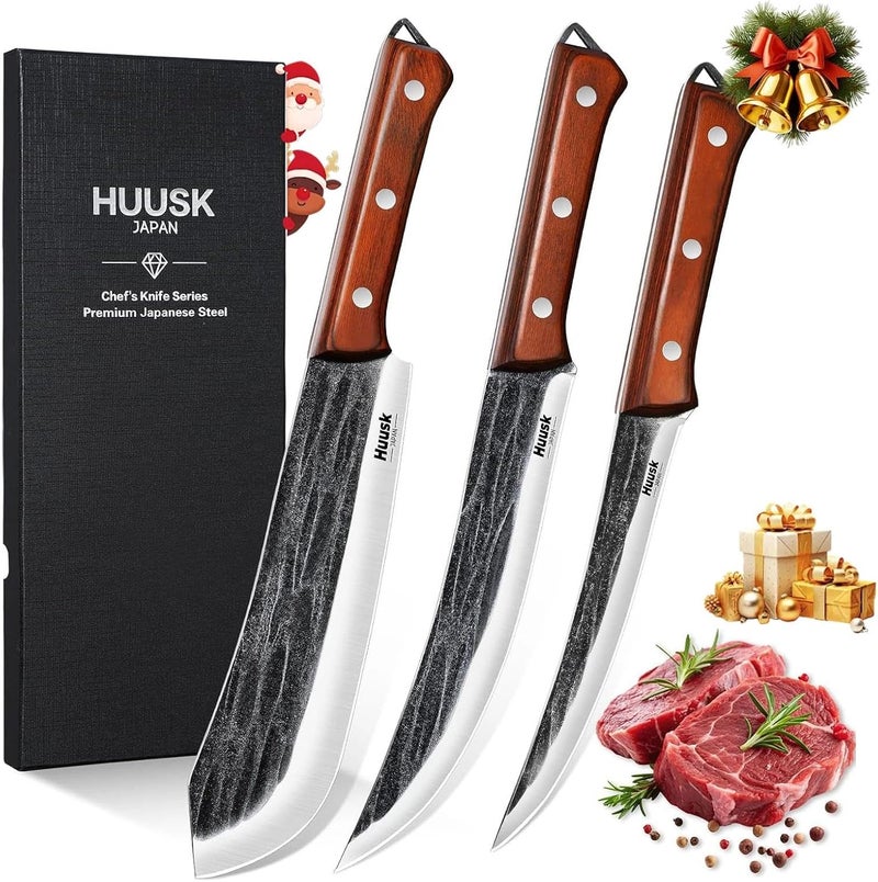 Huusk Butcher Knife Set for Meat Cutting, 3PCS Carving BBQ Brisket Knives, Hand-forged Kitchen Knive Set with Ergonomic Handle, Christmas Gifts for Men Women - Image 1