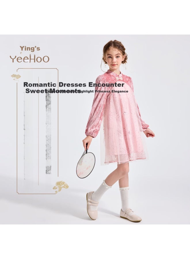 Yeehoo Girls Hanfu Dress Children's Clothing New Chinese Style National Fashion Party Dress Spring Gray Pink Size 110 - Image 1