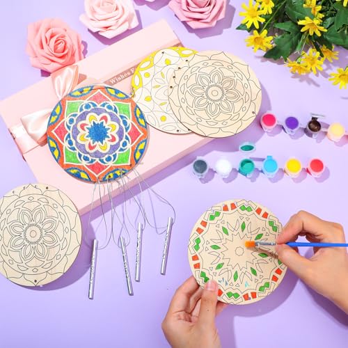 Silipull 24 Sets Mandala Wind Chimes Craft for Kids Color Your Own Windchime DIY Unfinished Wood Hanging Ornaments Coloring Wind Chime for Kids Gifts School Home and Party Supplies - Image 2