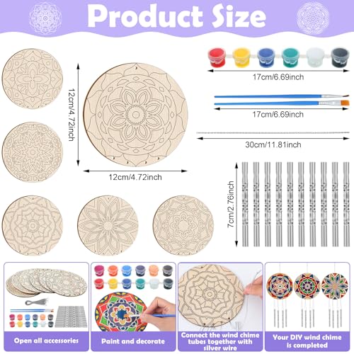 Silipull 24 Sets Mandala Wind Chimes Craft for Kids Color Your Own Windchime DIY Unfinished Wood Hanging Ornaments Coloring Wind Chime for Kids Gifts School Home and Party Supplies - Image 3