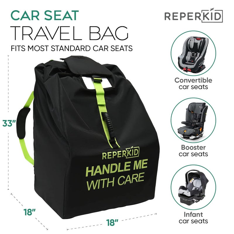 reperkid Car Seat Travel Bag for Airplane, Black and Green, 33" H x 18" W x 18" D, Fits Most Convertible, Booster and Infant Car Seats - Premium Waterproof Cover, Adjustable Shoulder Strap - Image 4
