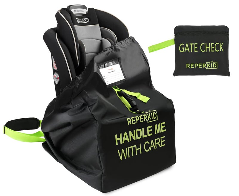 reperkid Car Seat Travel Bag for Airplane, Black and Green, 33" H x 18" W x 18" D, Fits Most Convertible, Booster and Infant Car Seats - Premium Waterproof Cover, Adjustable Shoulder Strap - Image 1