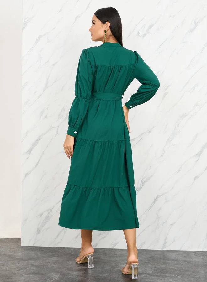 Take Two Solid Button Up High Neck Midi Dress with Self Tie Up
