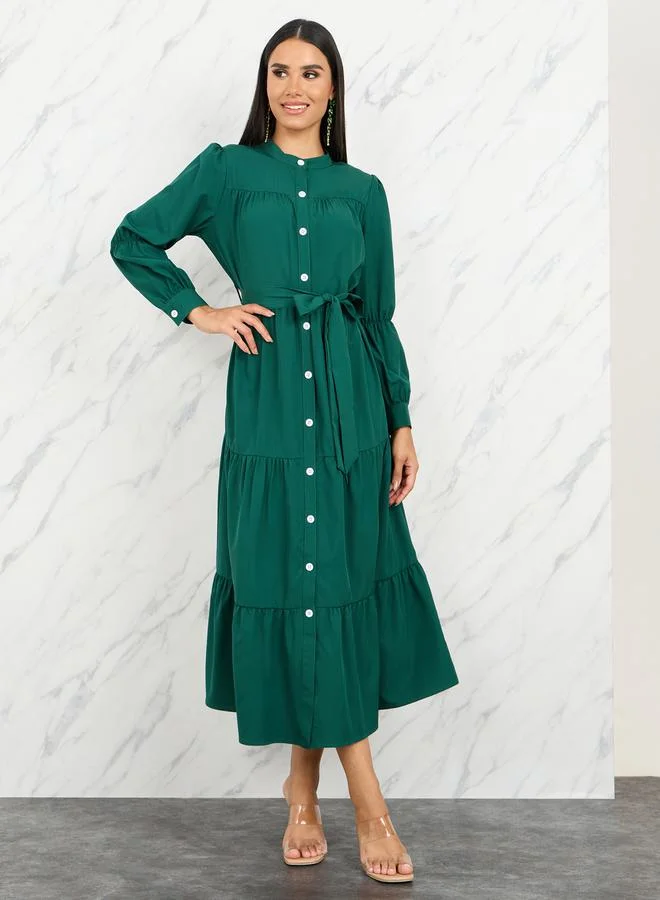 Take Two Solid Button Up High Neck Midi Dress with Self Tie Up