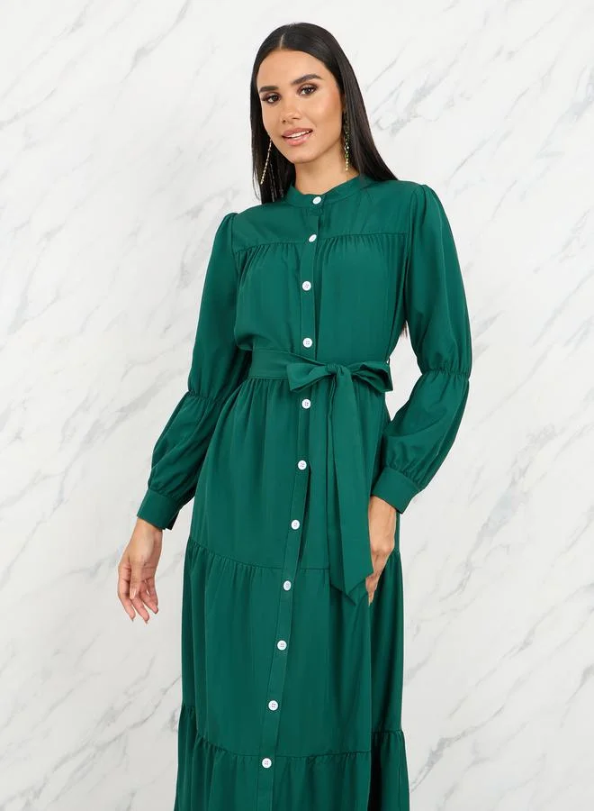 Take Two Solid Button Up High Neck Midi Dress with Self Tie Up