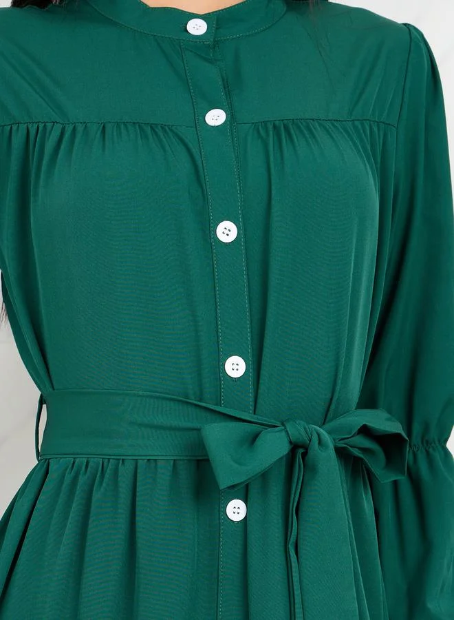 Take Two Solid Button Up High Neck Midi Dress with Self Tie Up