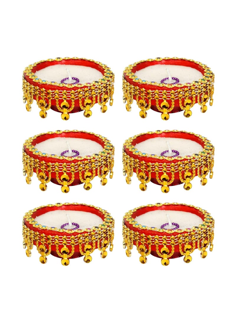 HOME GENIE Home Genie Decorative Embellished Diya Candles Multicolored Designer Wax Candles with Intricate Beading for Diwali Weddings and Festive Decor Pack of 6 