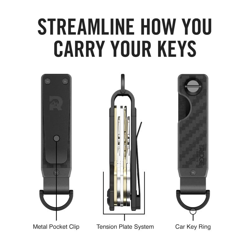 The Ridge Key Organizer - Compact Metallic Key Holder, Minimalist Innovative Keyholder, Smart Keychain Secures 2-6 Keys (Carbon Fiber) - Image 2