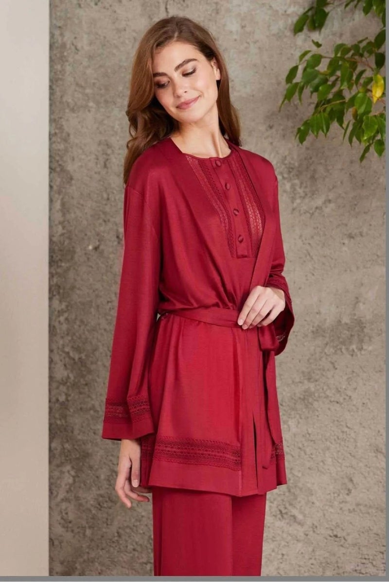 pierre cardin 2800 Women's Combed Cotton Lace Pajama Set with Dressing Gown - Claret Red - Image 2