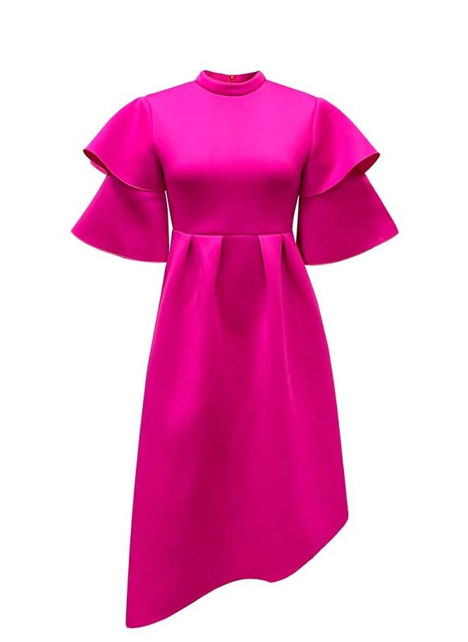 New Double layered Ruffle Sleeves Solid Color Large Hem Dres