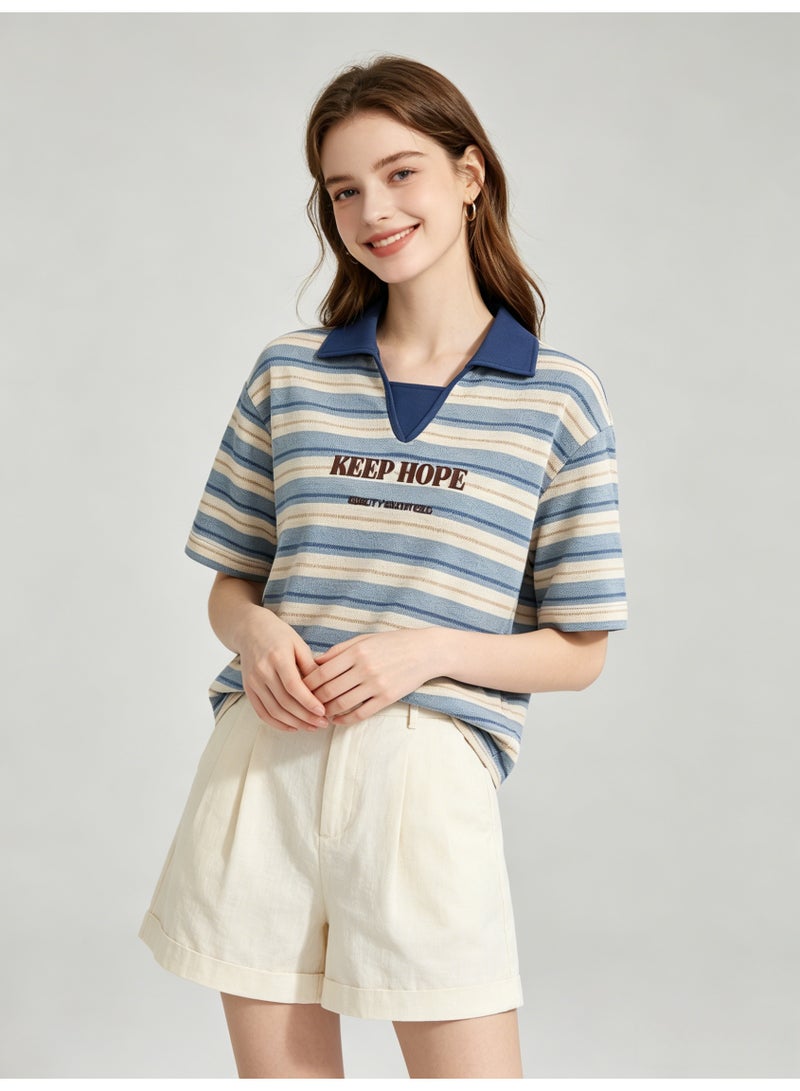 زارا ZARA Women’s Color Block Collar Striped Short Sleeve T-shirt with Letter Embroidery - Image 4