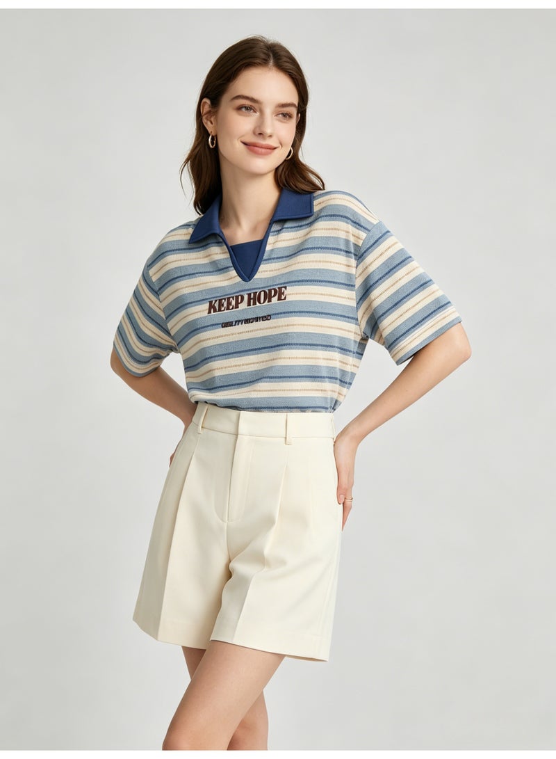 زارا ZARA Women’s Color Block Collar Striped Short Sleeve T-shirt with Letter Embroidery - Image 3