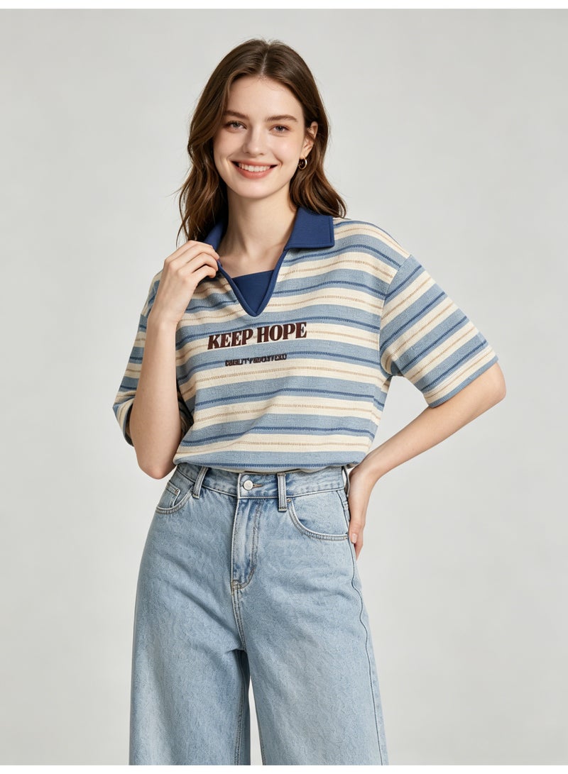 زارا ZARA Women’s Color Block Collar Striped Short Sleeve T-shirt with Letter Embroidery - Image 5