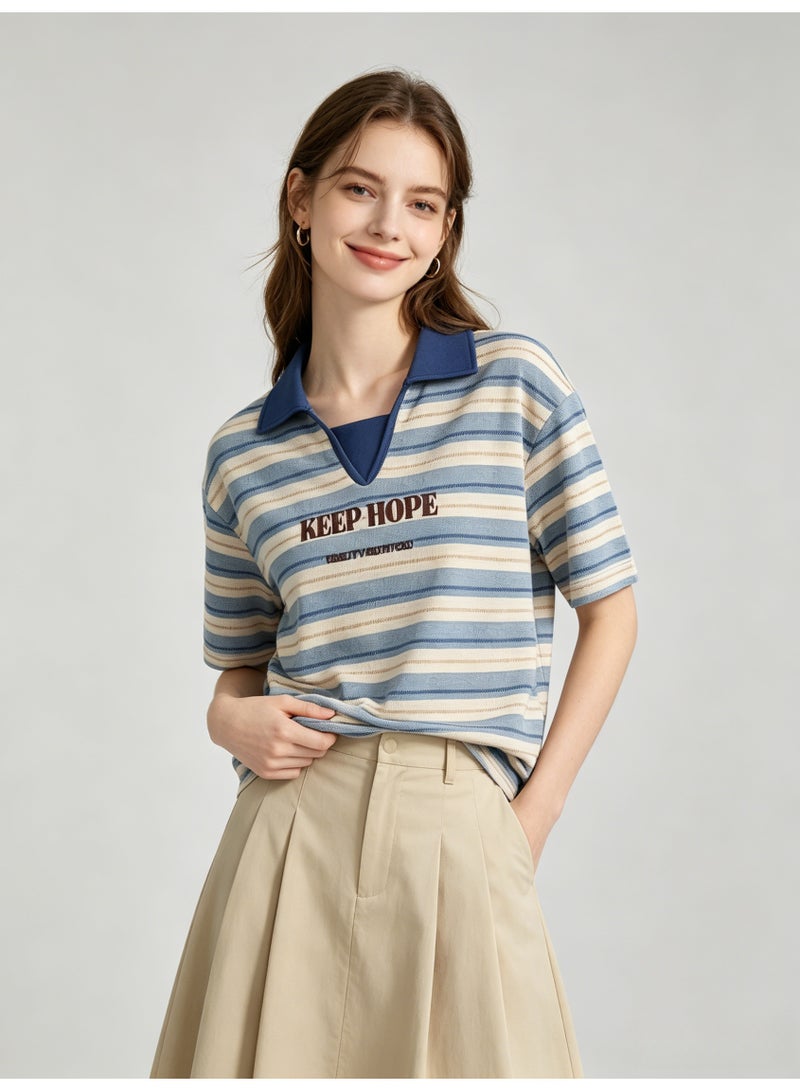 زارا ZARA Women’s Color Block Collar Striped Short Sleeve T-shirt with Letter Embroidery - Image 2