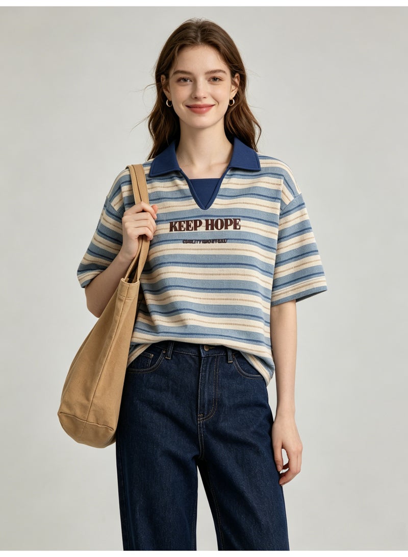 زارا ZARA Women’s Color Block Collar Striped Short Sleeve T-shirt with Letter Embroidery - Image 1