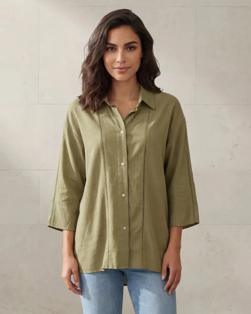 REDTAG Women Green Collared Shirt Blouse