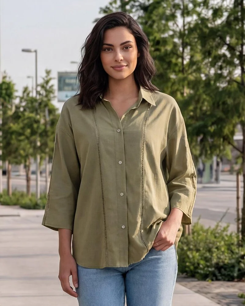 REDTAG Women Green Collared Shirt Blouse