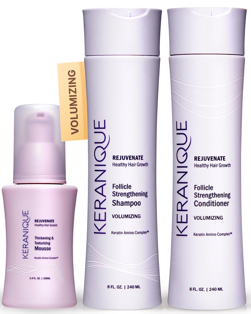 Keranique Volumizing Shampoo and Conditioner Set with Thickening Mousse Keratin Enriched Volume Kit for Thinning Fine Damaged Dry Hair Color Safe Sulfate Free No Alcohol Formula for Women