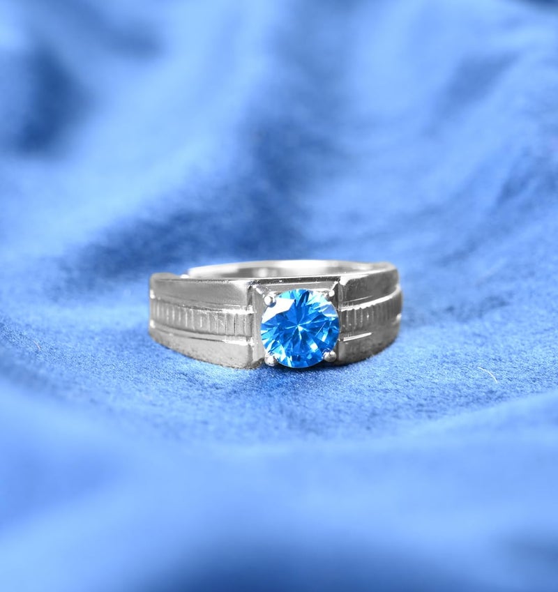Clara Pure 925 Sterling Silver Blue Solitaire Men Ring |Size Adjustable, Platinum Plated, Swiss Zirconia | Gift for Men & Boys - Image 3