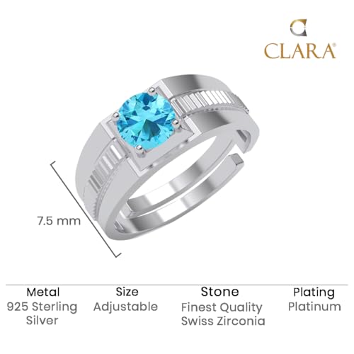 Clara Pure 925 Sterling Silver Blue Solitaire Men Ring |Size Adjustable, Platinum Plated, Swiss Zirconia | Gift for Men & Boys - Image 5