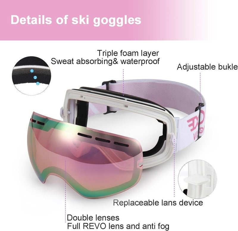 EXP VISION Snowboard Ski Goggles Men Women Youth, Anti Fog OTG Winter Snow Goggles Spherical Detachable Lens - Image 4