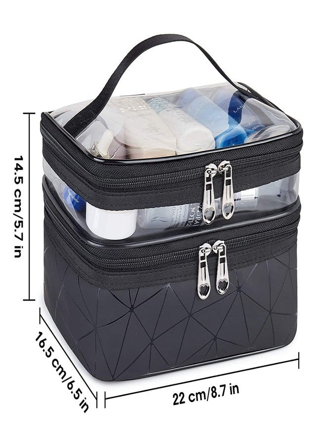 ERHETUS Luxury Double Layer Makeup Pouch for Women | Premium Cosmetic Bag for Girls | Toiletry Pouches Kit with Brush Holder | Travel Wash Bags and inner ware storage organizer - Black Diamond - Image 3