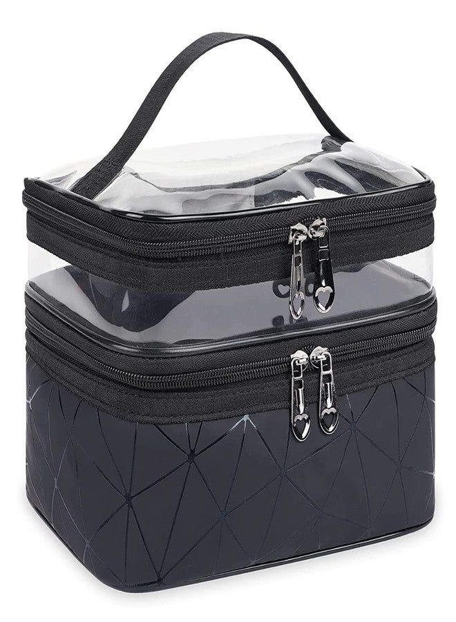 ERHETUS Luxury Double Layer Makeup Pouch for Women | Premium Cosmetic Bag for Girls | Toiletry Pouches Kit with Brush Holder | Travel Wash Bags and inner ware storage organizer - Black Diamond - Image 1
