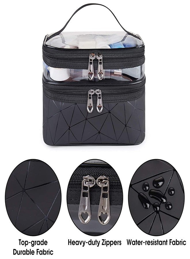 ERHETUS Luxury Double Layer Makeup Pouch for Women | Premium Cosmetic Bag for Girls | Toiletry Pouches Kit with Brush Holder | Travel Wash Bags and inner ware storage organizer - Black Diamond - Image 5